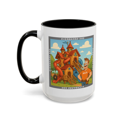 White ceramic mug printed with a cartoon dad wearing a ‘66%’ shirt standing beside a multi-level wooden playhouse with twisting slides, framed by the text ‘OVERBOARD DAD’.