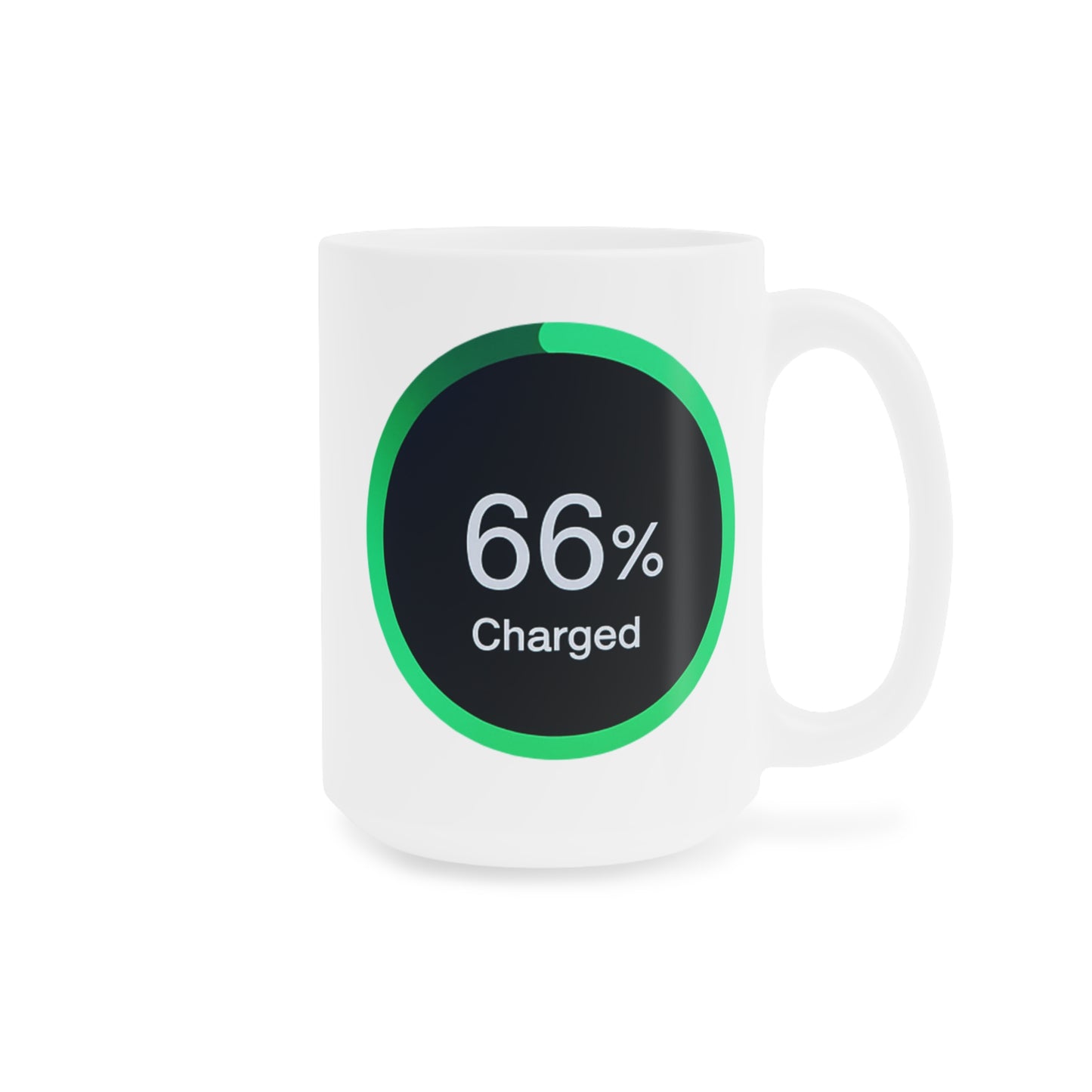Mug displaying a green-ringed power meter icon reading 66% charged on a black background.