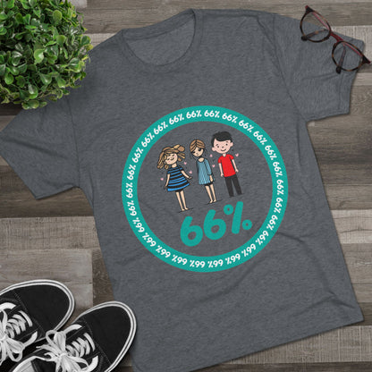 Flat-lay of tri-blend tee with two cartoon girls and one boy inside a teal 66% circle and repeating 66% border