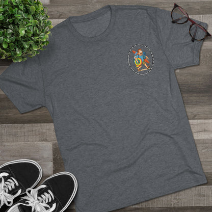 Tri-blend tee featuring large central circular graphic of overwhelmed ‘Beach Dad’ loaded down with chairs, umbrella, floatie and towels, with ‘66% beach dad’ ring