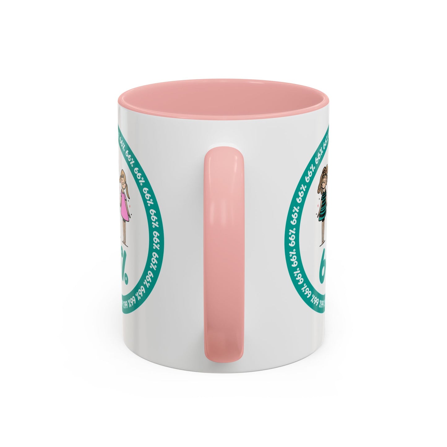 White 66% coffee mug with black handle, featuring three cute daughter illustrations in teal and pink—perfect gift for parents of three kids