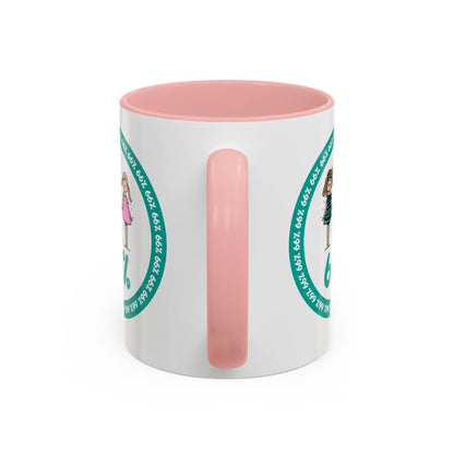 White 66% coffee mug with black handle, featuring three cute daughter illustrations in teal and pink—perfect gift for parents of three kids