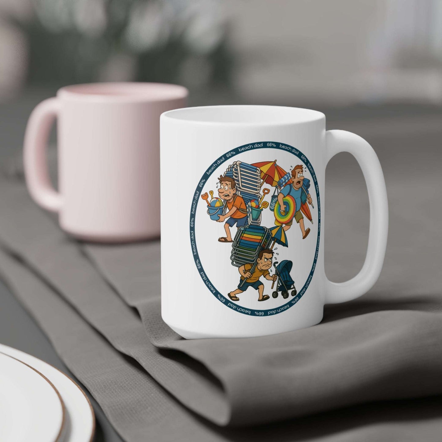 White 66% Beach Dad mug showcasing three overburdened cartoon dads hauling beach chairs, umbrellas, buckets and rings—a fun gift for fathers.