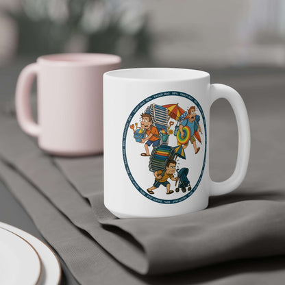 White 66% Beach Dad mug showcasing three overburdened cartoon dads hauling beach chairs, umbrellas, buckets and rings—a fun gift for fathers.