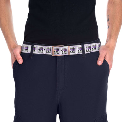 A roll-out belt featuring a pattern of cartoon illustrations: three girls wearing purple dresses inside a bordered square, with ‘Sixty-Six’ printed below each group.