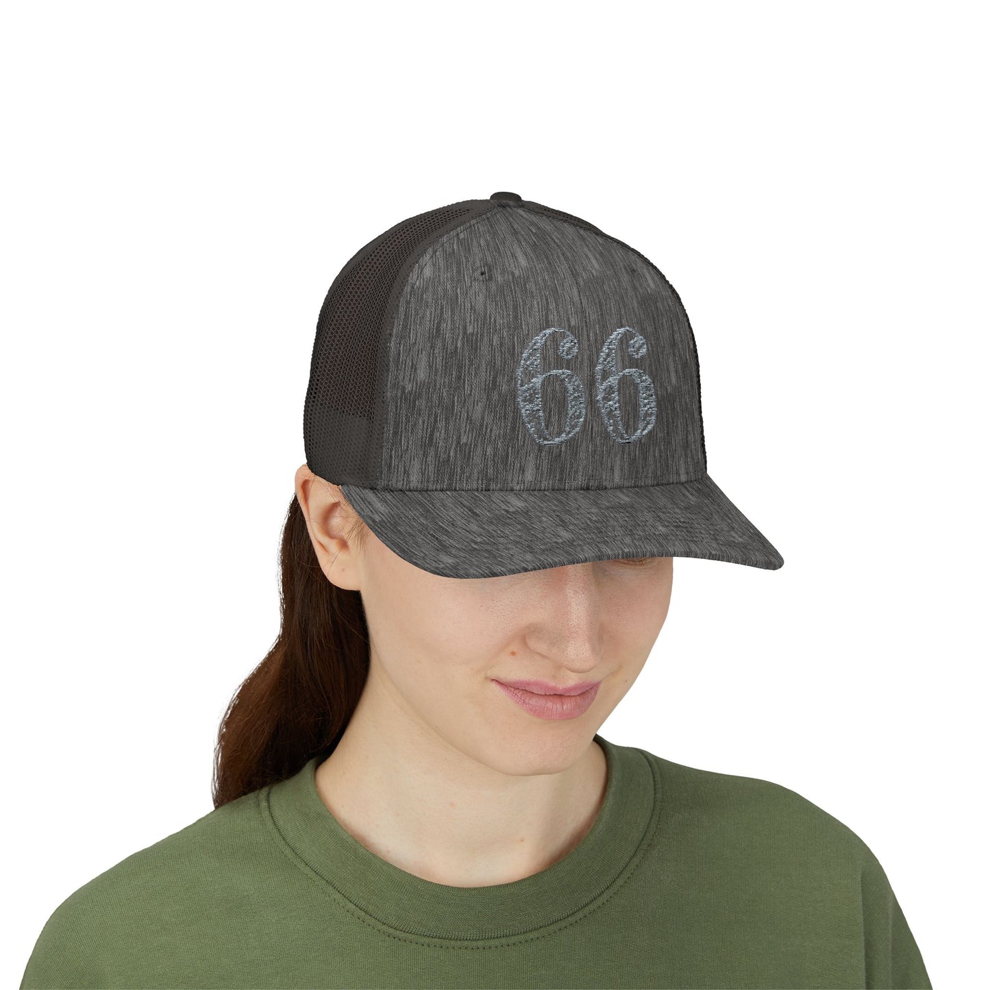 Mesh-back trucker hat with distressed ‘66’ printed on the front panel