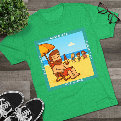 Beach Dad drinking beer on the sand with kids playing – 66% Tri-Blend Tee