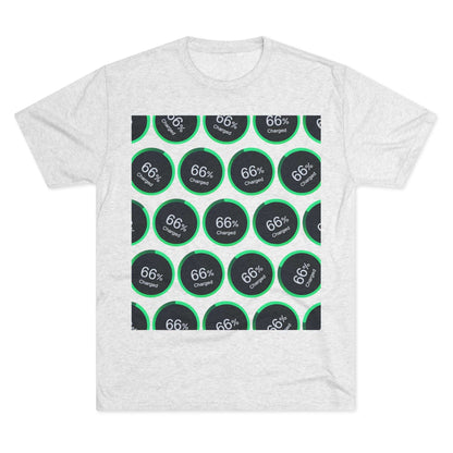 Retro 66% Charged Pattern Tee — tri-blend shirt, flat-lay battery gauge pattern, repeat “66% Charged” graphic, casual unisex style.
