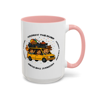 Cartoon yellow “66%” minivan mug decal with roof piled high in trash bags, lawnmower and beach ball, plus a smiling dad and two waving daughters amid confetti.