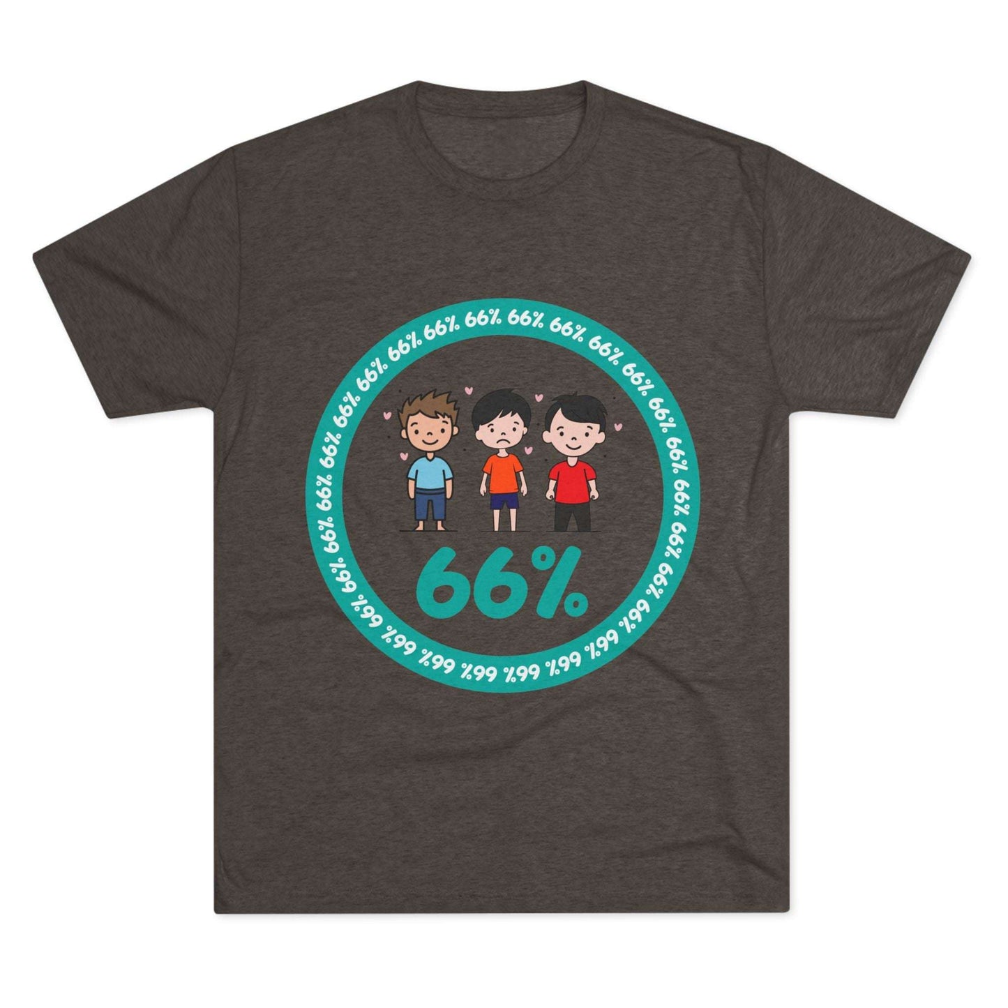 Flat-lay of tri-blend tee with three cartoon boys inside a teal 66% circle and repeating 66% border