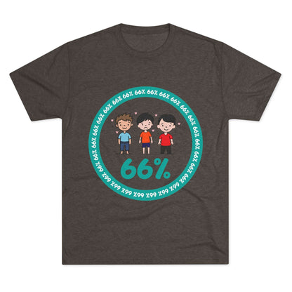 Flat-lay of tri-blend tee with three cartoon boys inside a teal 66% circle and repeating 66% border