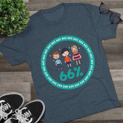 Flat-lay of tri-blend tee with two cartoon boys and one girl inside a teal 66% circle and repeating 66% border