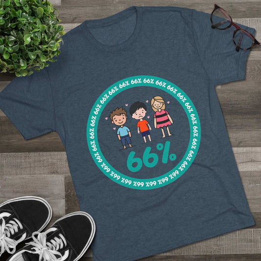 Flat-lay of tri-blend tee with two cartoon boys and one girl inside a teal 66% circle and repeating 66% border
