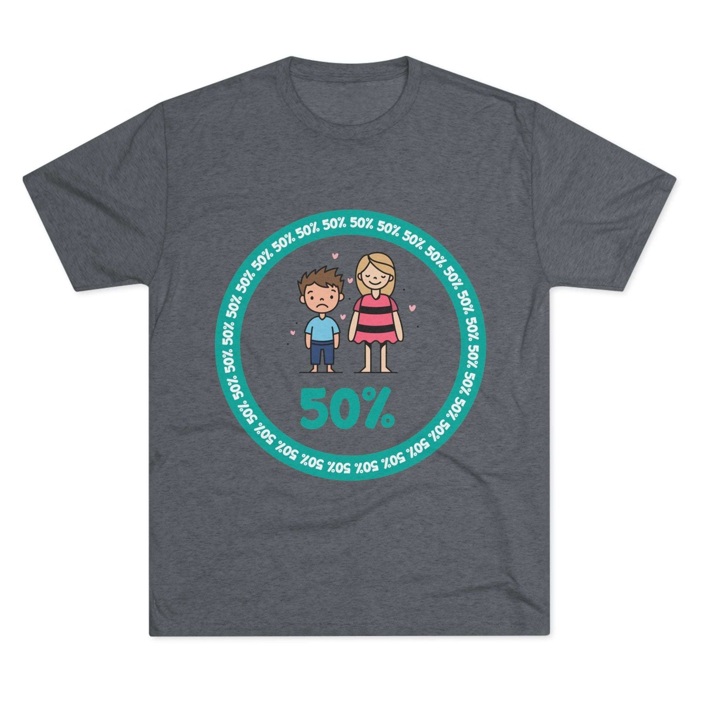 Original Boy Girl 50% Tri-Blend Tee — graphic t-shirt flat-lay, cartoon siblings inside teal 50% circle, repeating 50% pattern, bold 50% text, casual unisex style.
