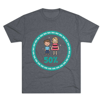 Original Boy Girl 50% Tri-Blend Tee — graphic t-shirt flat-lay, cartoon siblings inside teal 50% circle, repeating 50% pattern, bold 50% text, casual unisex style.