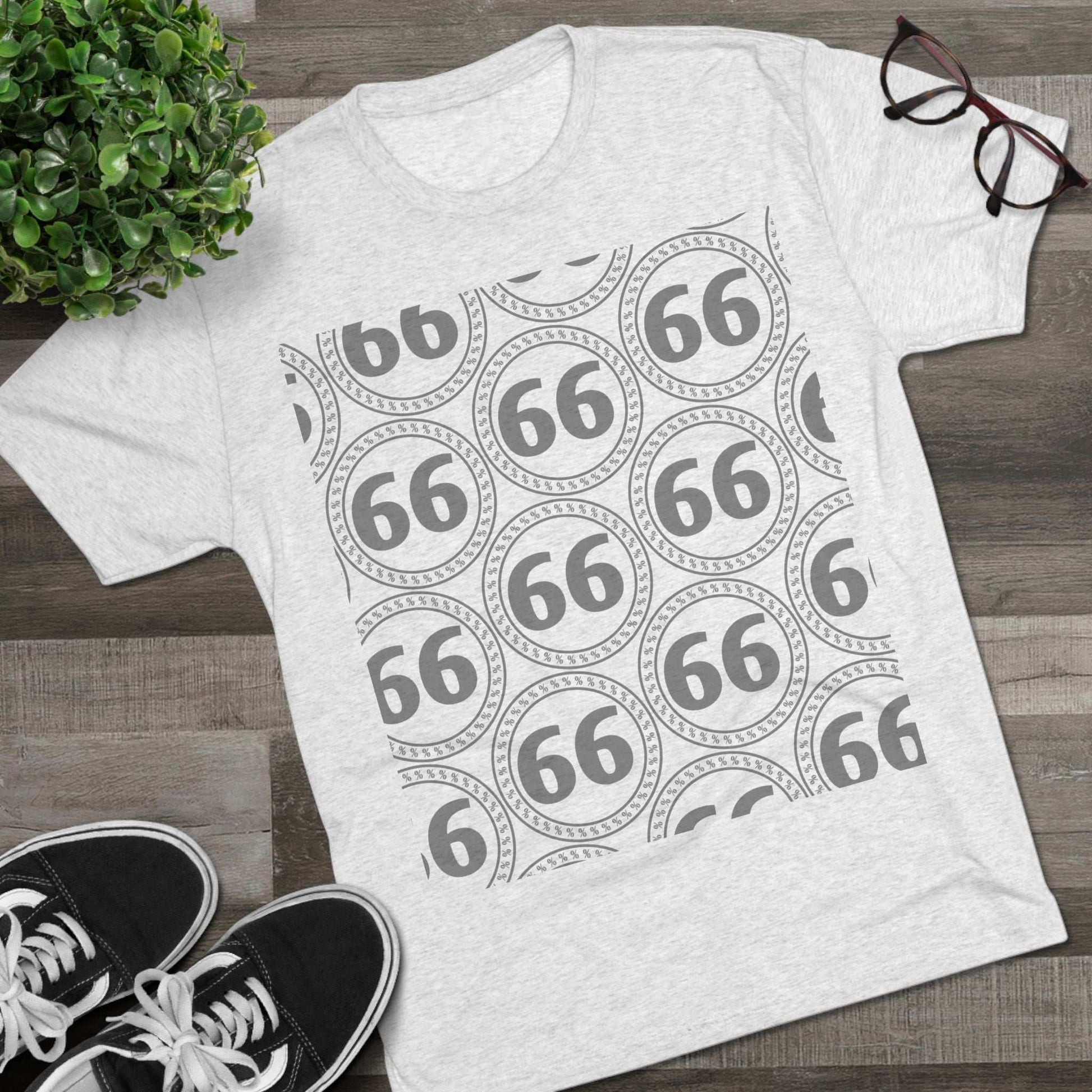 Retro 66% Pattern Tee— tri-blend graphic t-shirt flat-lay, repeating 66 circle pattern, casual vintage style.