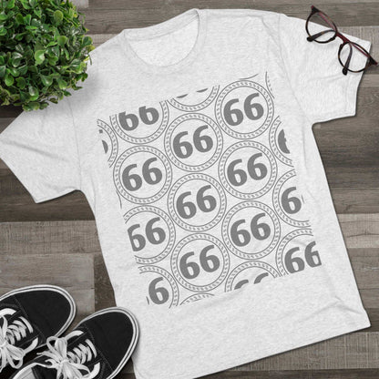 Retro 66% Pattern Tee— tri-blend graphic t-shirt flat-lay, repeating 66 circle pattern, casual vintage style.