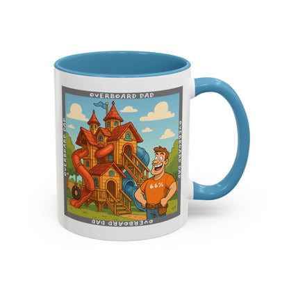 White ceramic mug printed with a cartoon dad wearing a ‘66%’ shirt standing beside a multi-level wooden playhouse with twisting slides, framed by the text ‘OVERBOARD DAD’.