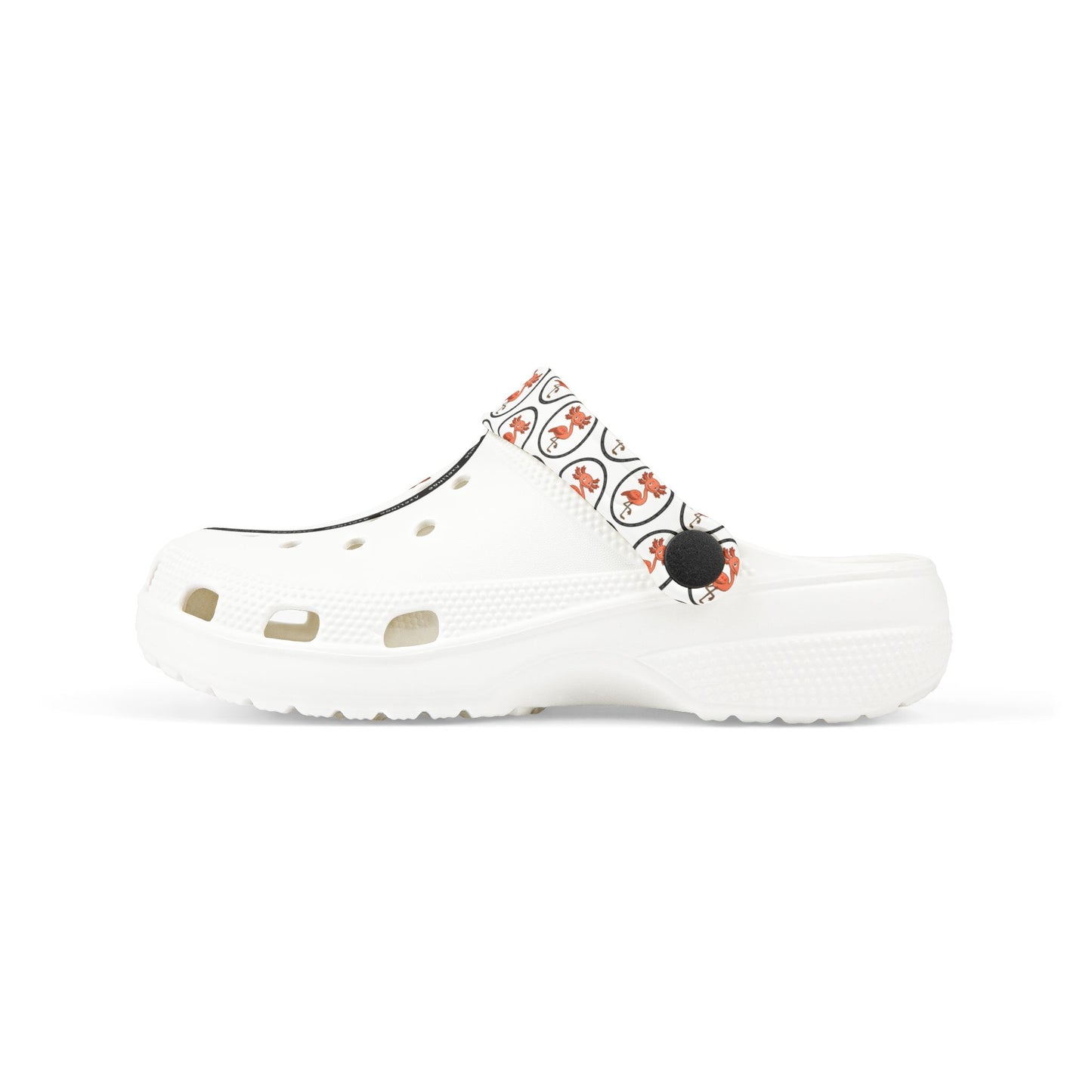 White rubber clogs worn with white-and-black striped socks, each shoe decorated with a round logo depicting a happy orange axolingo and the word ‘AXOLINGO’ repeated around the edge