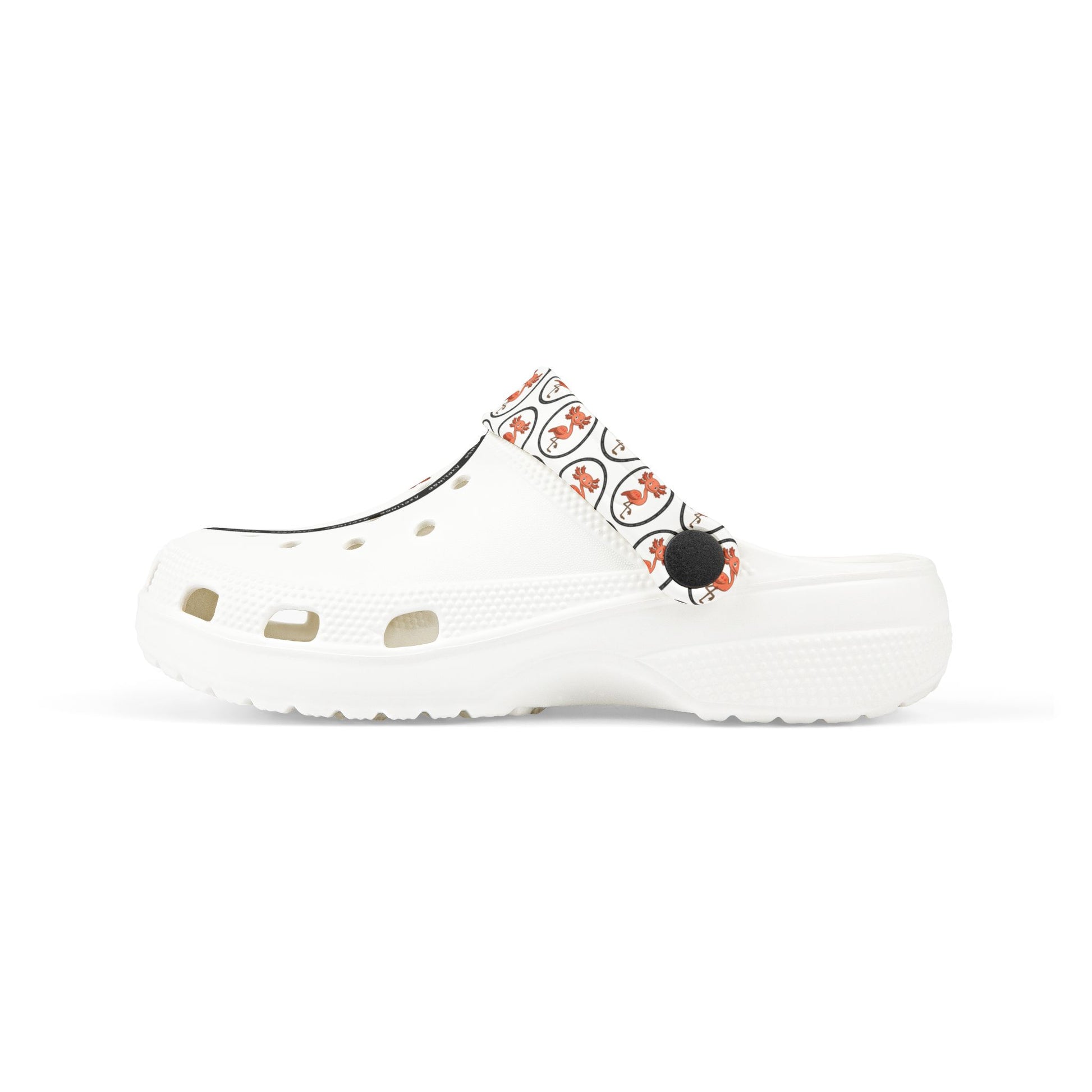 White rubber clogs worn with white-and-black striped socks, each shoe decorated with a round logo depicting a happy orange axolingo and the word ‘AXOLINGO’ repeated around the edge