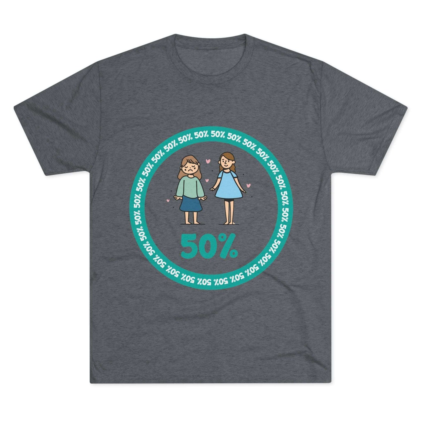 Original Girl Girl 50% Tri-Blend Tee — graphic t-shirt flat-lay, cartoon siblings inside teal 50% circle, repeating 50% pattern, bold 50% text, casual unisex style.