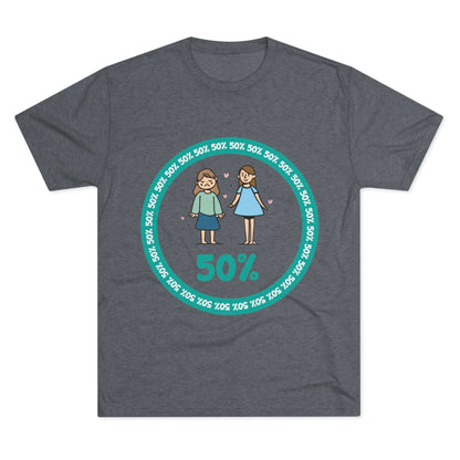 Original Girl Girl 50% Tri-Blend Tee — graphic t-shirt flat-lay, cartoon siblings inside teal 50% circle, repeating 50% pattern, bold 50% text, casual unisex style.