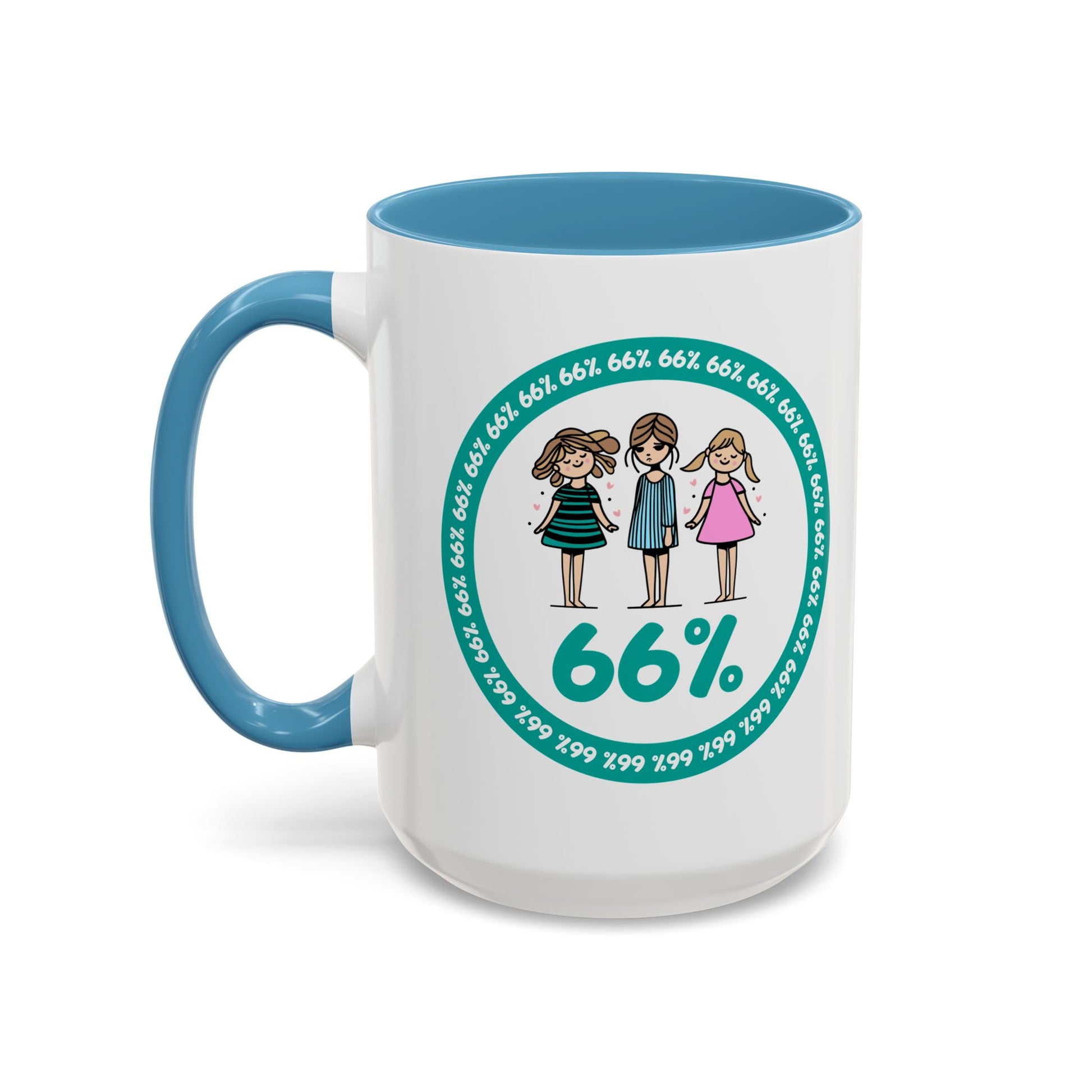 White 66% coffee mug with black handle, featuring three cute daughter illustrations in teal and pink—perfect gift for parents of three kids
