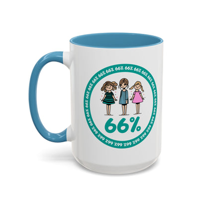 White 66% coffee mug with black handle, featuring three cute daughter illustrations in teal and pink—perfect gift for parents of three kids