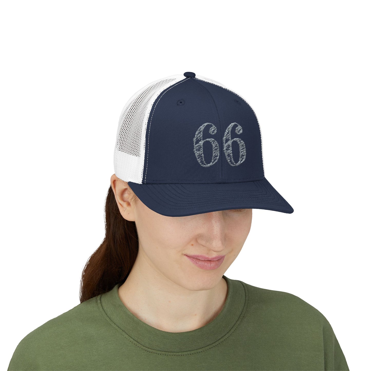 Mesh-back trucker hat with distressed ‘66’ printed on the front panel