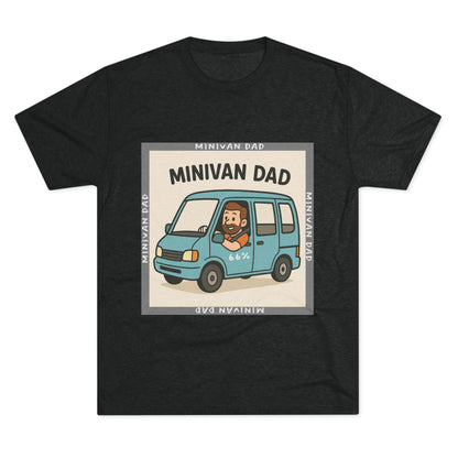 Minivan Dad 66% Tri-Blend Tee — graphic tee flat-lay, cartoon dad driving blue minivan, ‘66%’ decal, gray ‘MINIVAN DAD’ square border, casual unisex style.