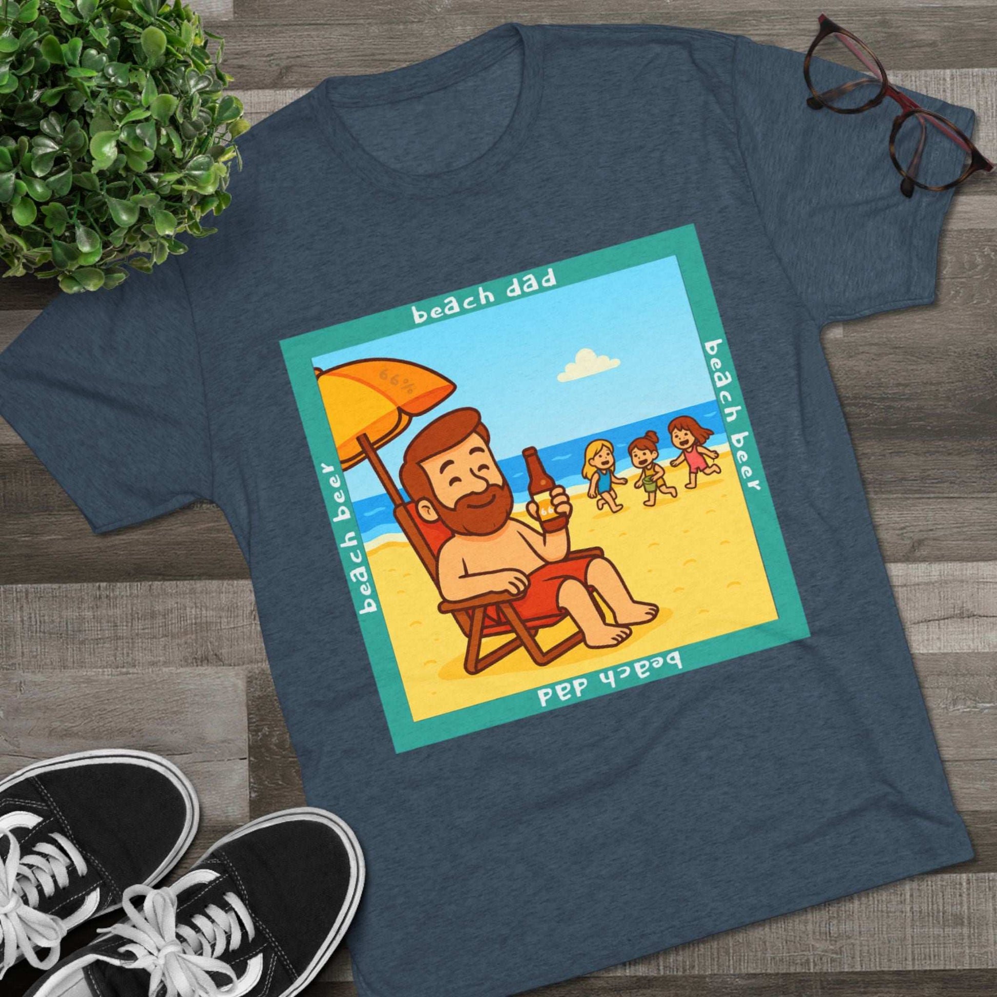 Beach Dad drinking beer on the sand with kids playing – 66% Tri-Blend Tee