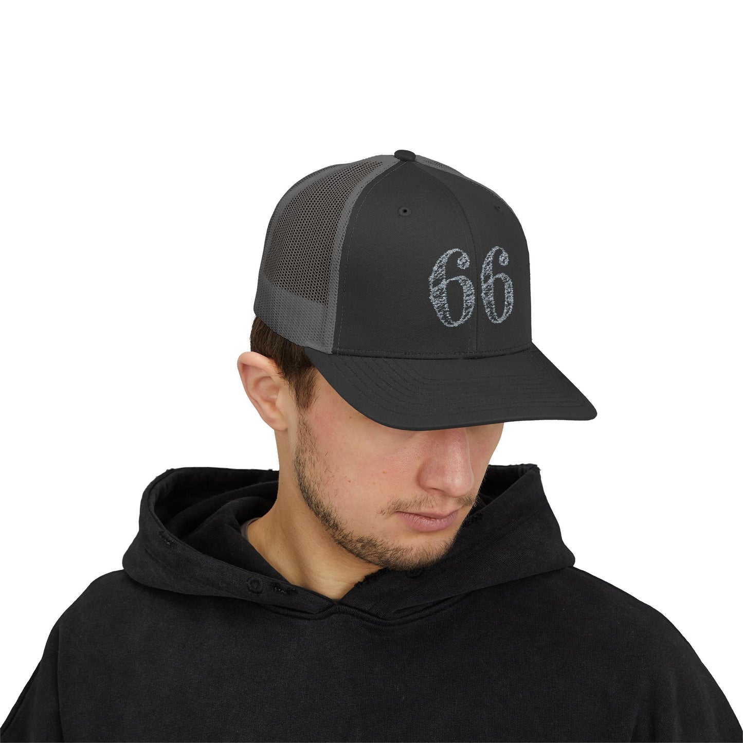 Mesh-back trucker hat with distressed ‘66’ printed on the front panel