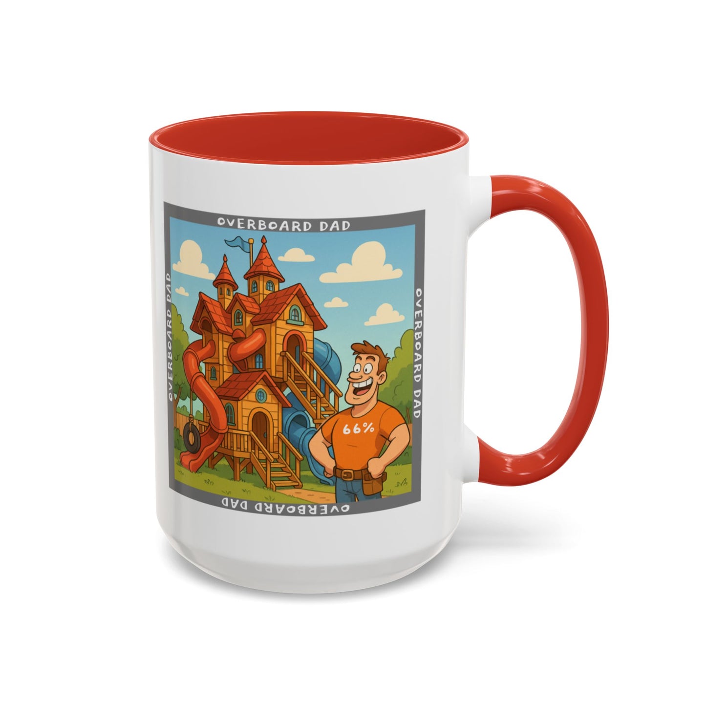 White ceramic mug printed with a cartoon dad wearing a ‘66%’ shirt standing beside a multi-level wooden playhouse with twisting slides, framed by the text ‘OVERBOARD DAD’.