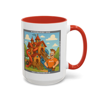 White ceramic mug printed with a cartoon dad wearing a ‘66%’ shirt standing beside a multi-level wooden playhouse with twisting slides, framed by the text ‘OVERBOARD DAD’.