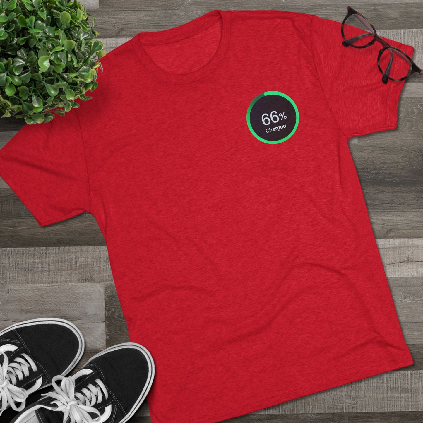 Retro 66% Charged Tri-Blend Tee, showing a vibrant green circular battery gauge reading “66% Charged” 