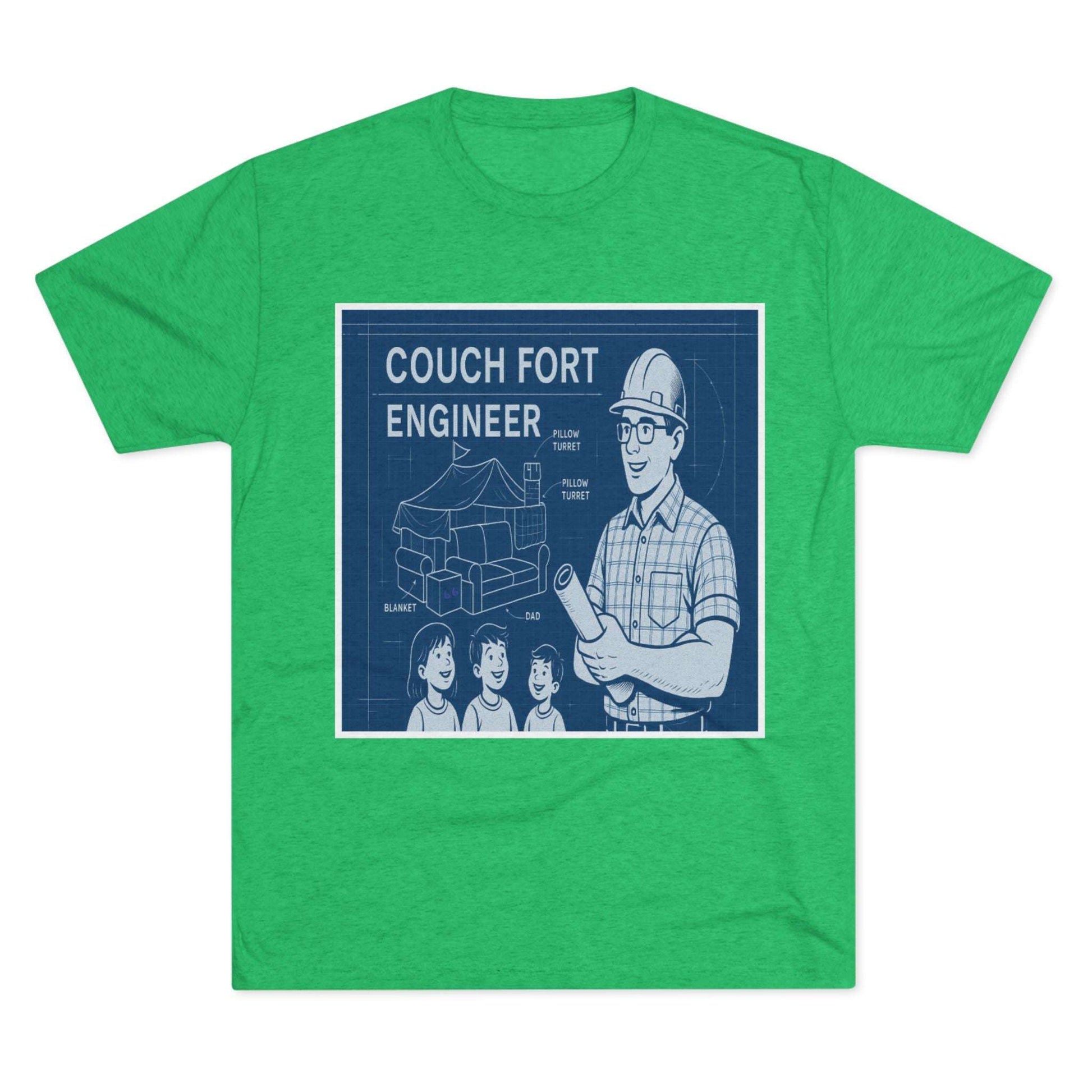 Couch Fort Engineer T-Shirt —Blueprint-style schematic of a couch fort with labeled pillows and blanket, plus a hard-hat dad holding plans.