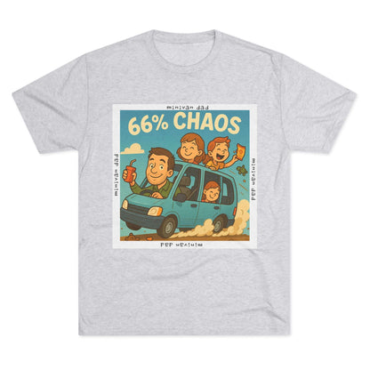 Cartoon dad driving minivan with three excited kids and snacks flying, “66% Chaos” design on dark heather tee – 66 Percent parenting apparel