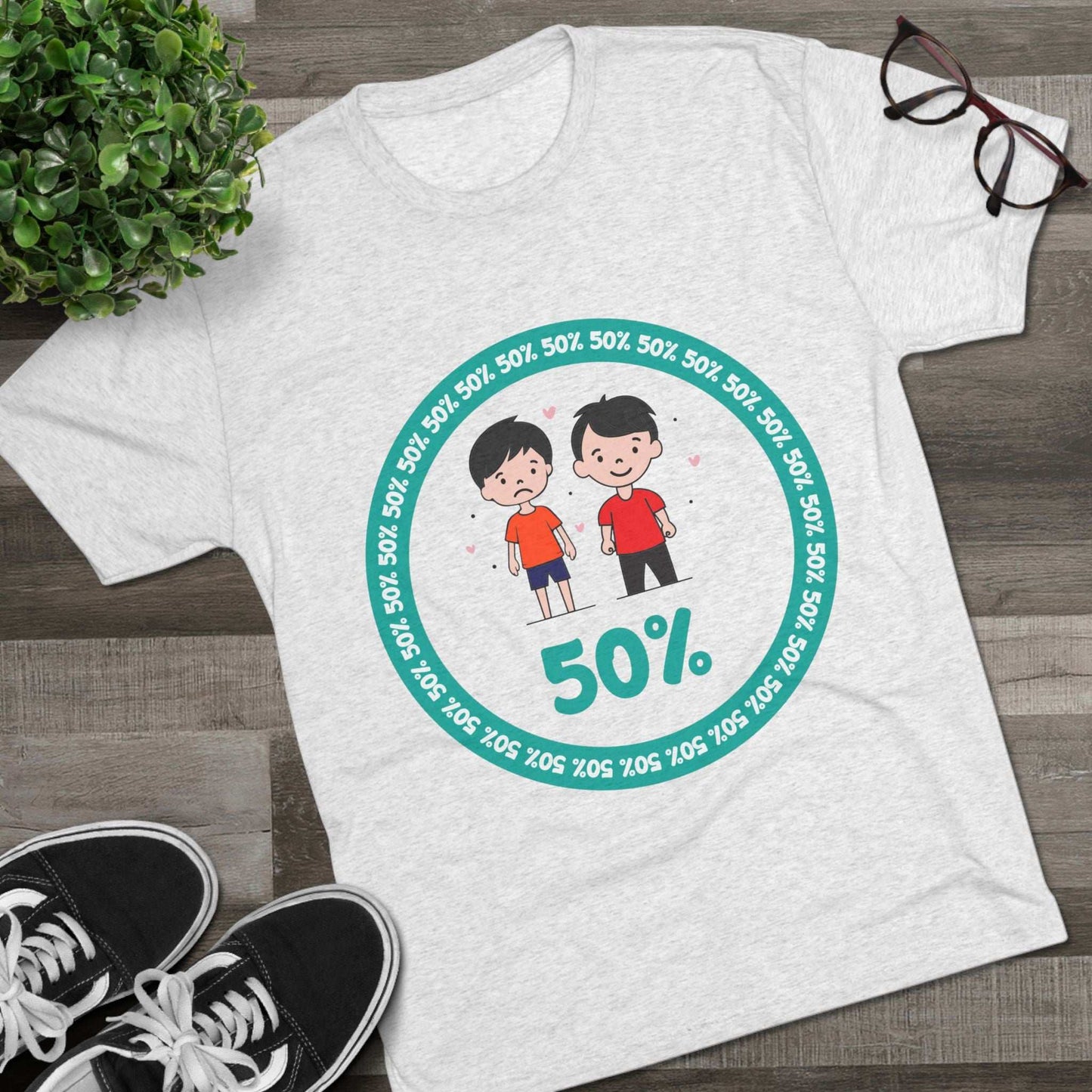 Original Boy Boy 50% Tri-Blend Tee — graphic t-shirt flat-lay, cartoon siblings inside teal 50% circle, repeating 50% pattern, bold 50% text, casual unisex style.