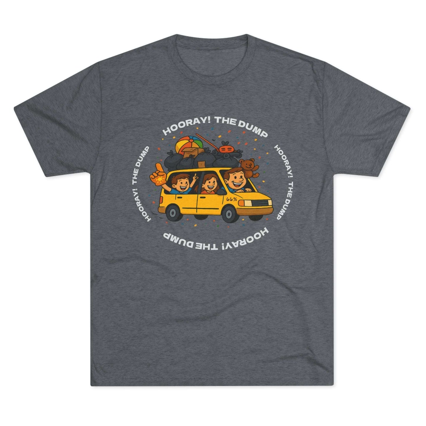 Cartoon yellow “66%” minivan T-shirt design with roof piled high in trash bags, lawnmower and beach ball, plus a dad driving and two excited kids waving with confetti.