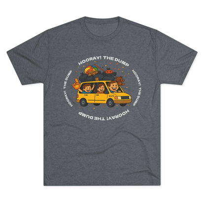 Cartoon yellow “66%” minivan T-shirt design with roof piled high in trash bags, lawnmower and beach ball, plus a dad driving and two excited kids waving with confetti.