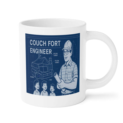 Blueprint-themed mug design reading ‘Couch Fort Engineer,’ depicting a dad wearing safety glasses and hardhat holding a plan, alongside a cutaway diagram of a living-room couch fort and three happy kids.