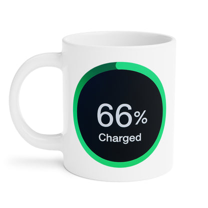 Mug displaying a green-ringed power meter icon reading 66% charged on a black background.