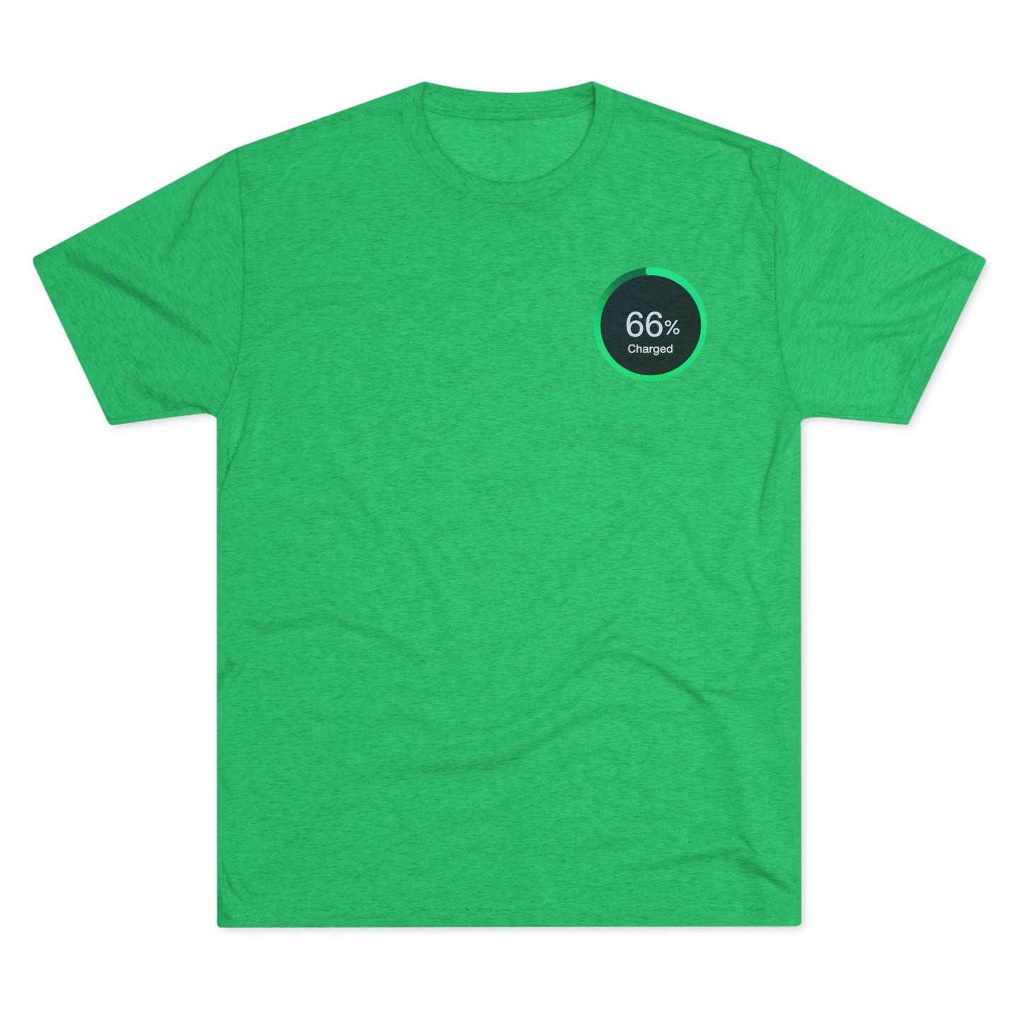 Retro 66% Charged Tri-Blend Tee, showing a vibrant green circular battery gauge reading “66% Charged”