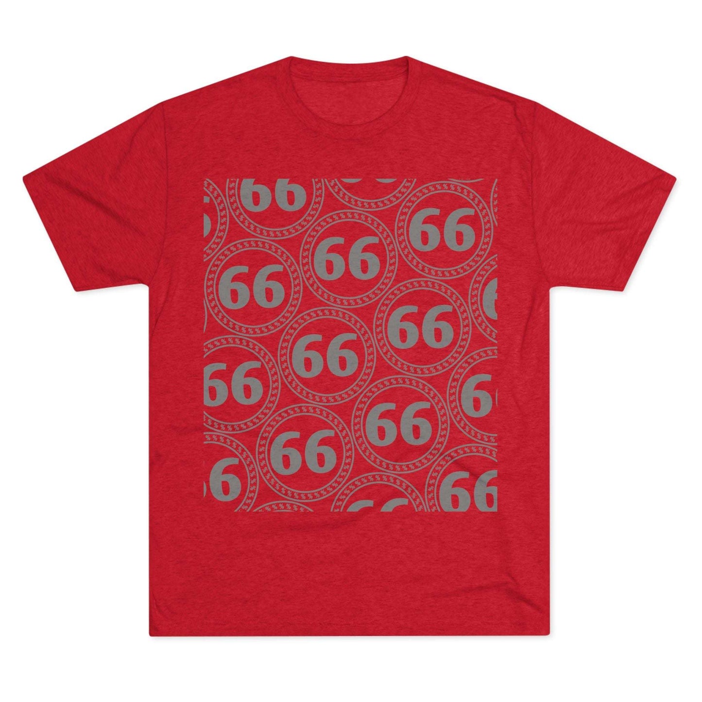Retro 66% Pattern Tee— tri-blend graphic t-shirt flat-lay, repeating 66 circle pattern, casual vintage style.