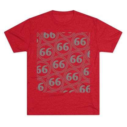 Retro 66% Pattern Tee— tri-blend graphic t-shirt flat-lay, repeating 66 circle pattern, casual vintage style.