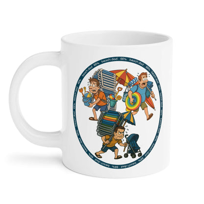 White 66% Beach Dad mug showcasing three overburdened cartoon dads hauling beach chairs, umbrellas, buckets and rings—a fun gift for fathers.