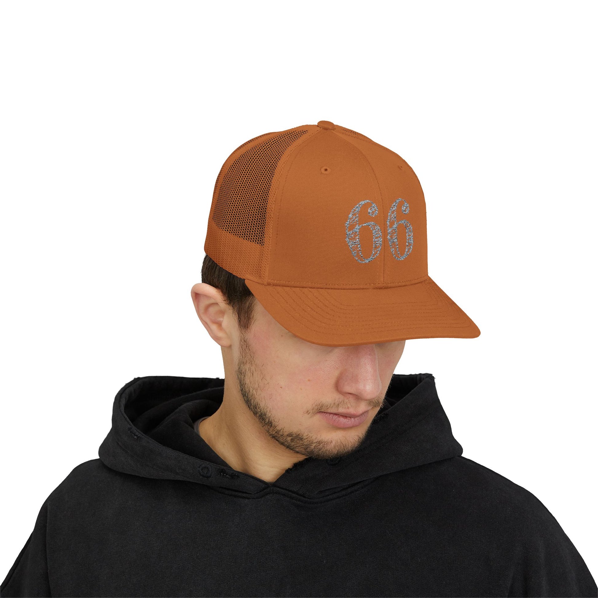 Mesh-back trucker hat with distressed ‘66’ printed on the front panel