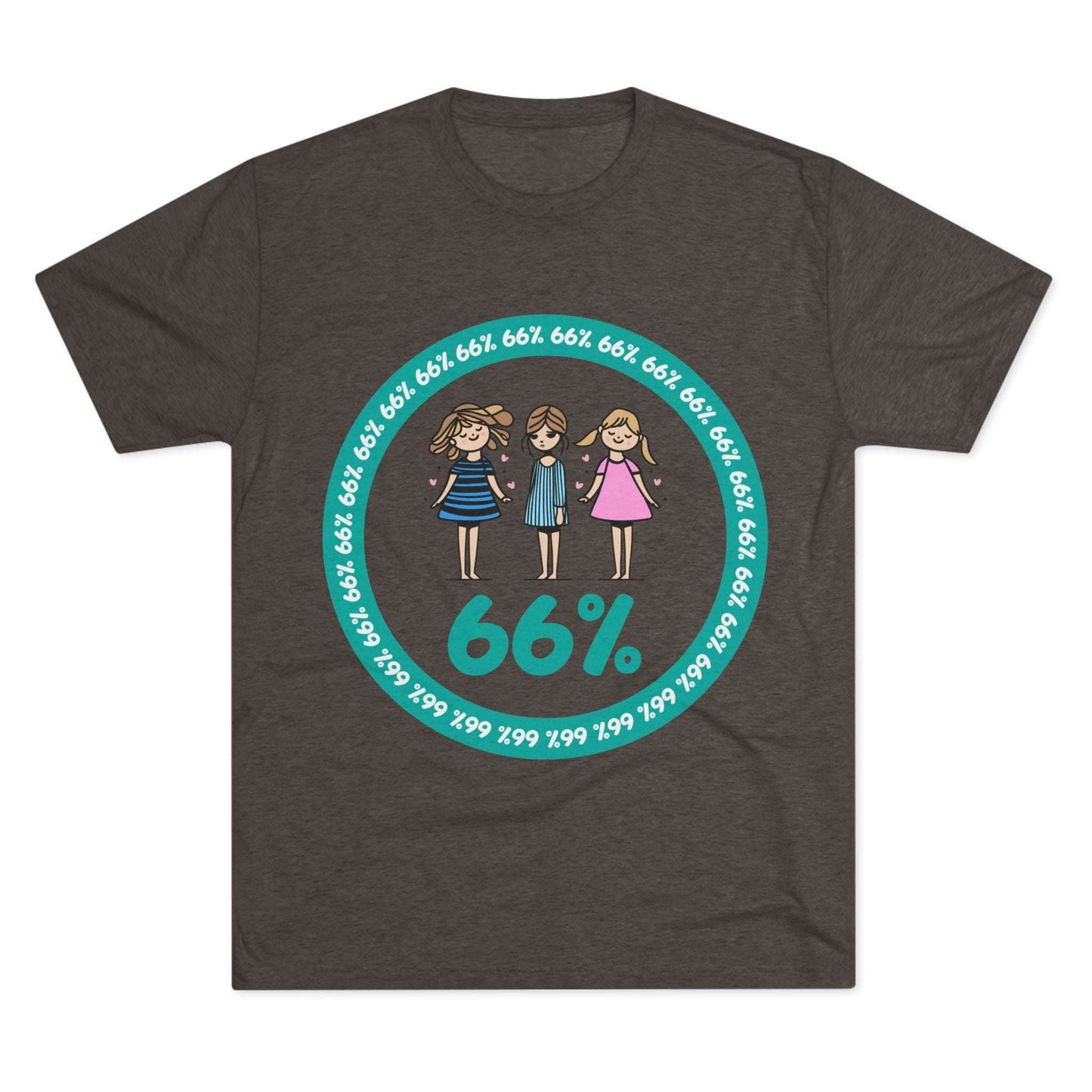 Flat-lay of tri-blend tee with three cartoon girls inside a teal 66% circle and repeating 66% border