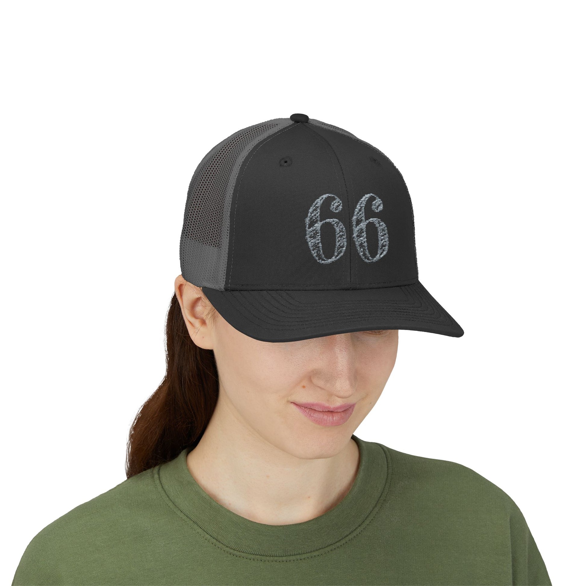 Mesh-back trucker hat with distressed ‘66’ printed on the front panel