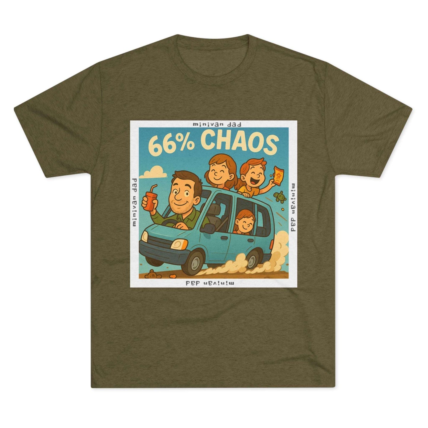Cartoon dad driving minivan with three excited kids and snacks flying, “66% Chaos” design on dark heather tee – 66 Percent parenting apparel